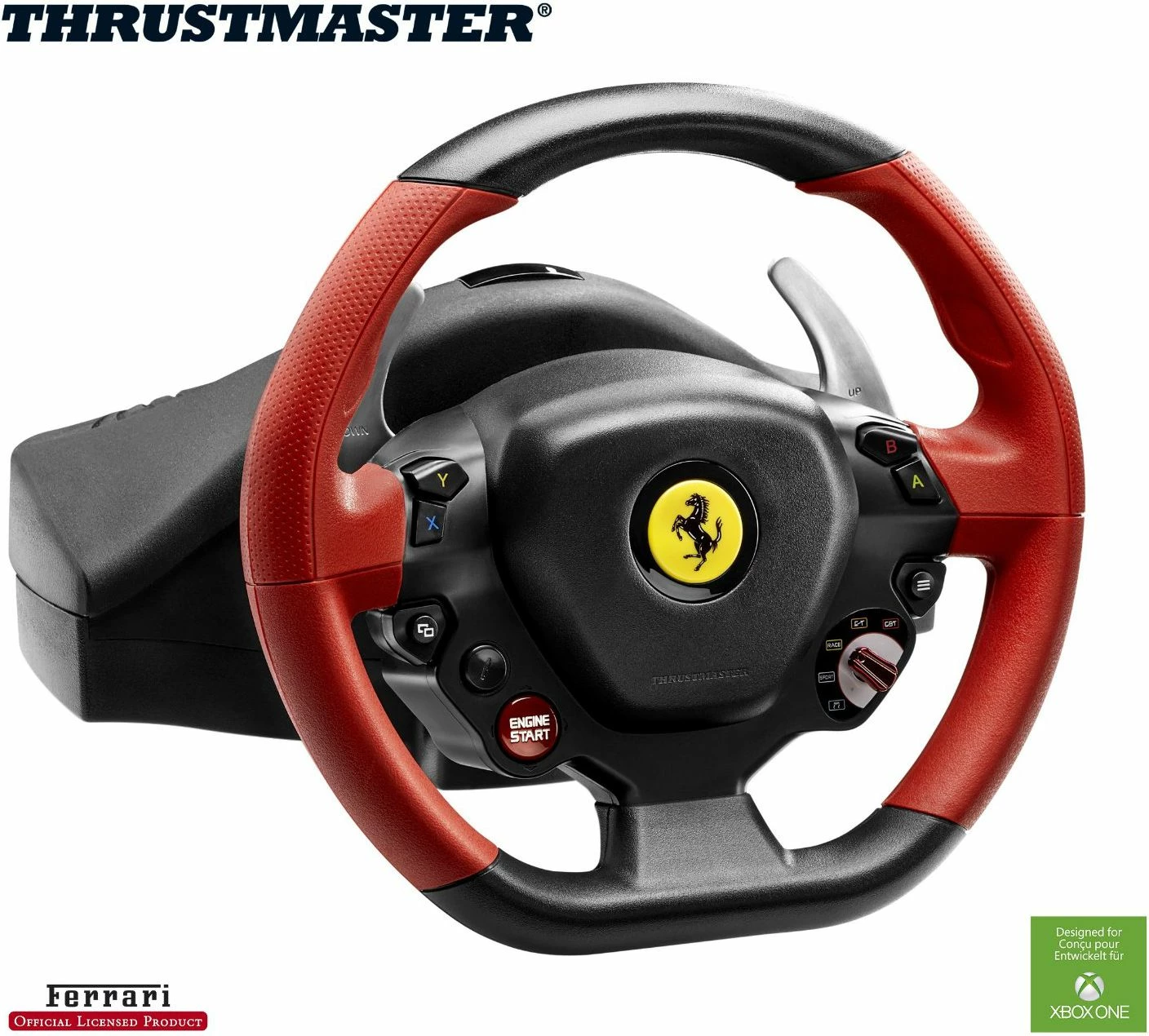 Timoni gaming Thrustmaster F458 Spider 4460105, për Xbox One/Xbox Series X|S, 28 cm, 240°, me pedale, me kabllo 3 m, zi/kuqe, set