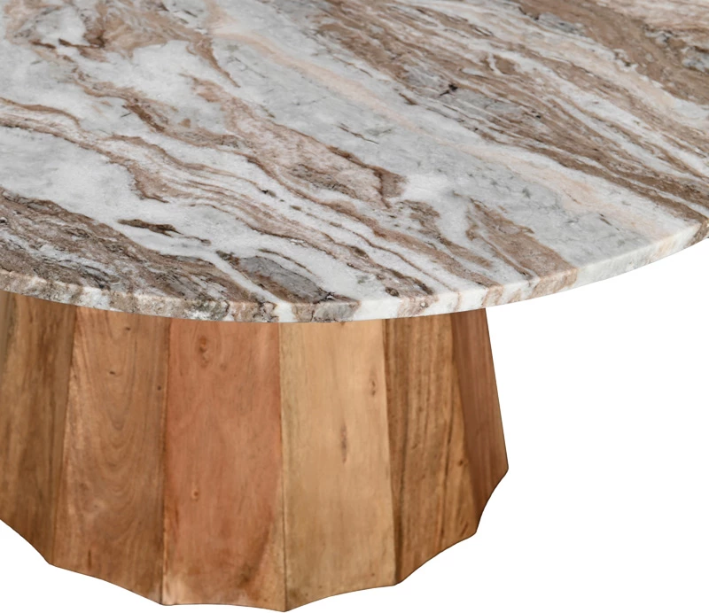 Tavolinë e rrumbullakët, dru akacie i fortë, sipërfaqe mermeri, ngjyrë natyrale, D120x76cm