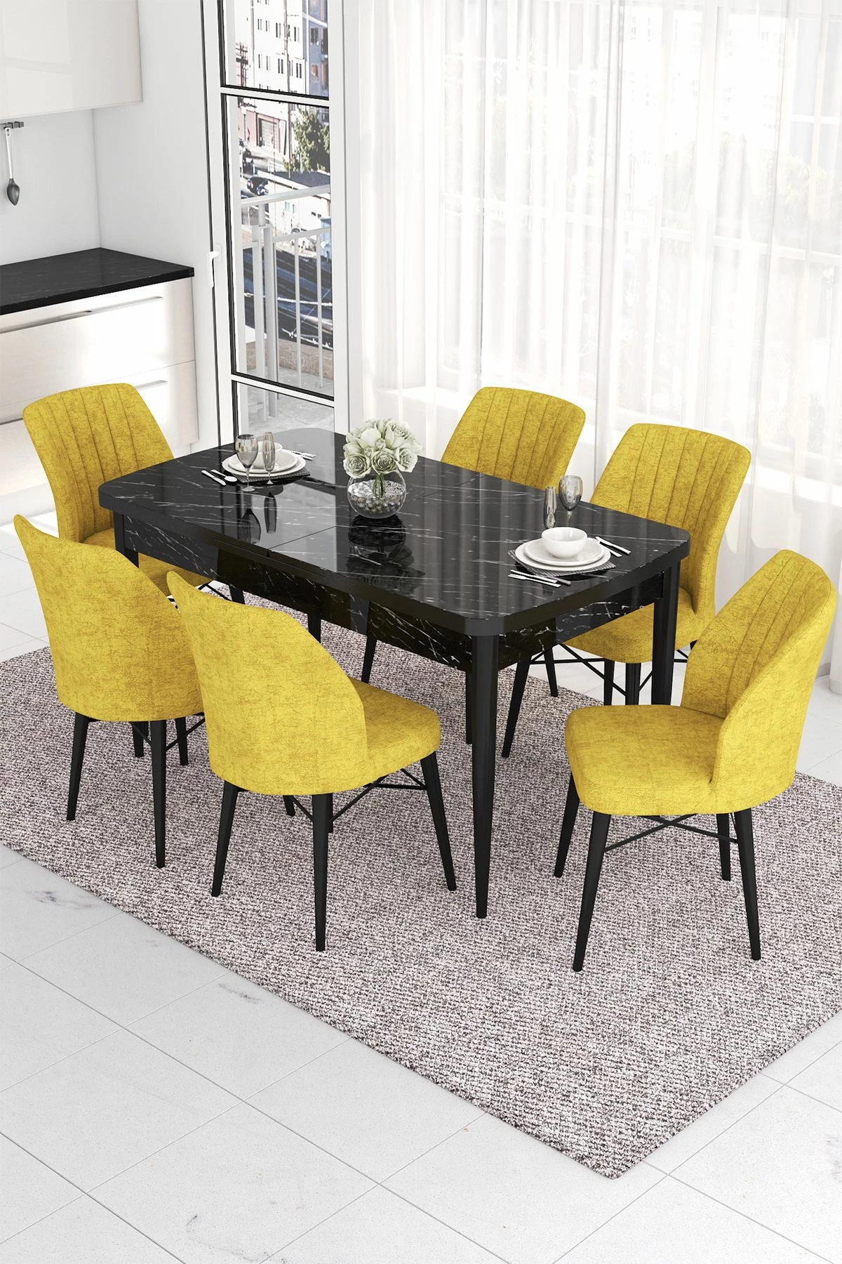 Set tavolinë me karrige për ngrënie, e zgjatshme, 7 copë, Skye Decor, sipërfaqe mermeri të zi, karrige ngjyrë mustardë