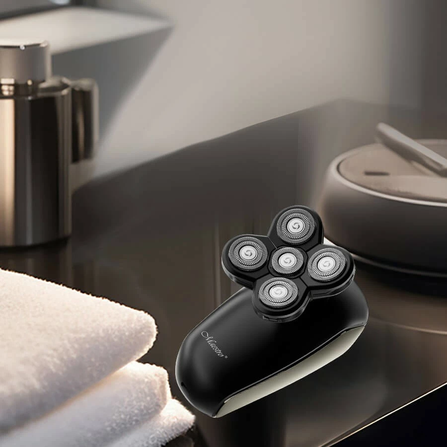 Makinë rroje elektrike për kokë, Feel-Maestro MR-677, bateri 800 mAh, 5 koka prerëse, IPX7, USB-C, e zezë/ari