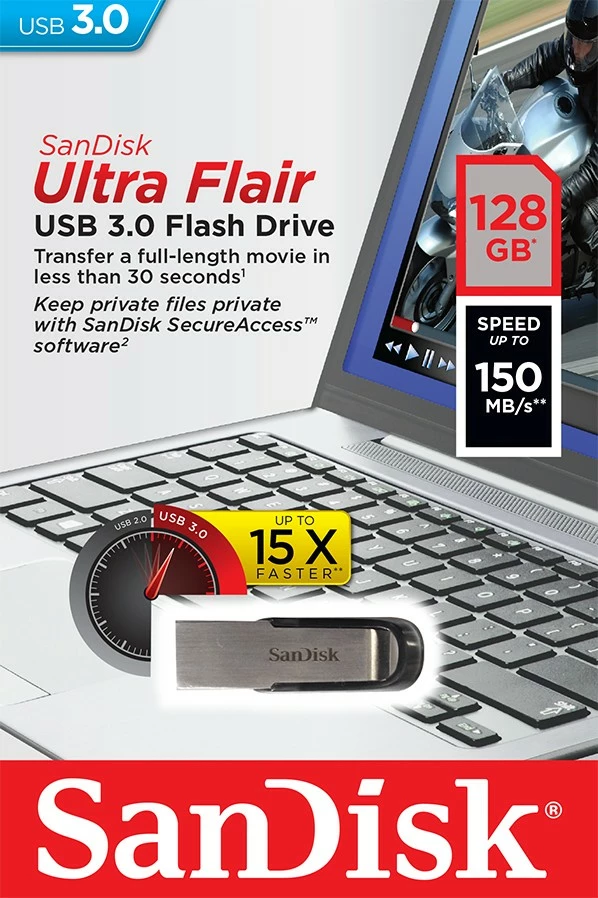 Pendrive SanDisk Ultra Flair, 128GB, USB 3.0, Zi/Argjendtë