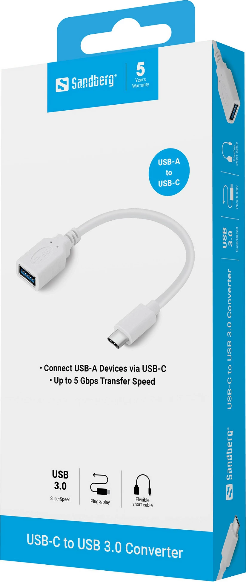 Adapter SANDBERG USB-C në USB-A 3.2 Gen 1, 0.1m, 5Gbps, i bardhë