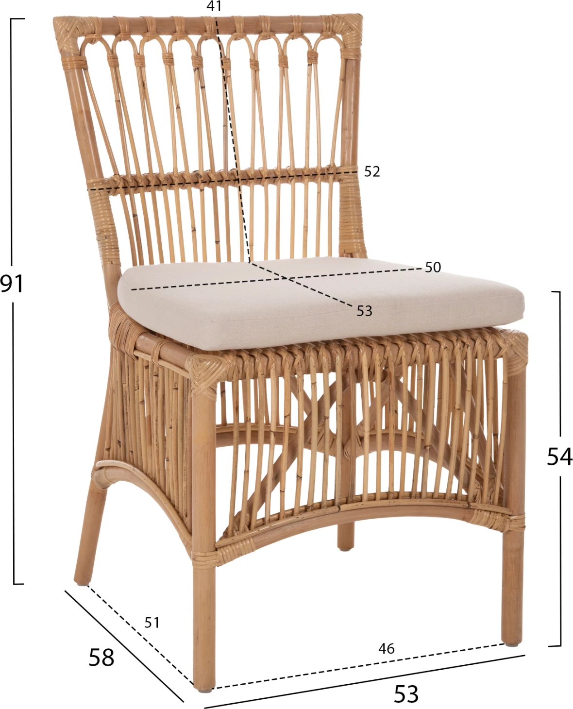 Karrige për ngrënie THALIN FH9834 rattan ngjyrë natyrale-jastëk ngjyrë bardhë 53x58x91Hcm