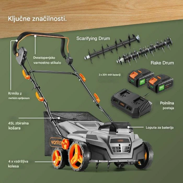 Aerator & vertikuter pa tela 2-në-1 VonHaus 3519009, 40 V (2x20V 4Ah), 38 cm, qese 45 L, set me 2 bateri + karikues dual + 2 tambura, gri/zi me detaje portokalli