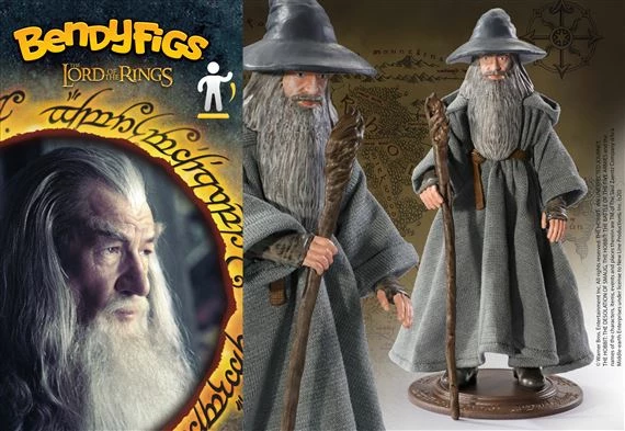 Figurë fleksibile Noble Collection Bendyfigs Lord of the Rings Gandalf the Grey, 18 cm, me mantel pëlhure, me shkop, me bazë ekspozimi