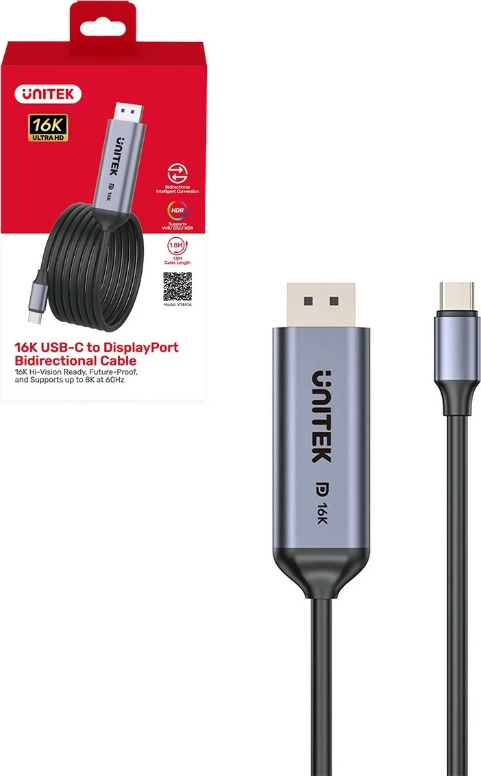 Kabll Unitek USB-C në DisplayPort, 1.8m, 80Gbps, HDR, 16K/8K, gri