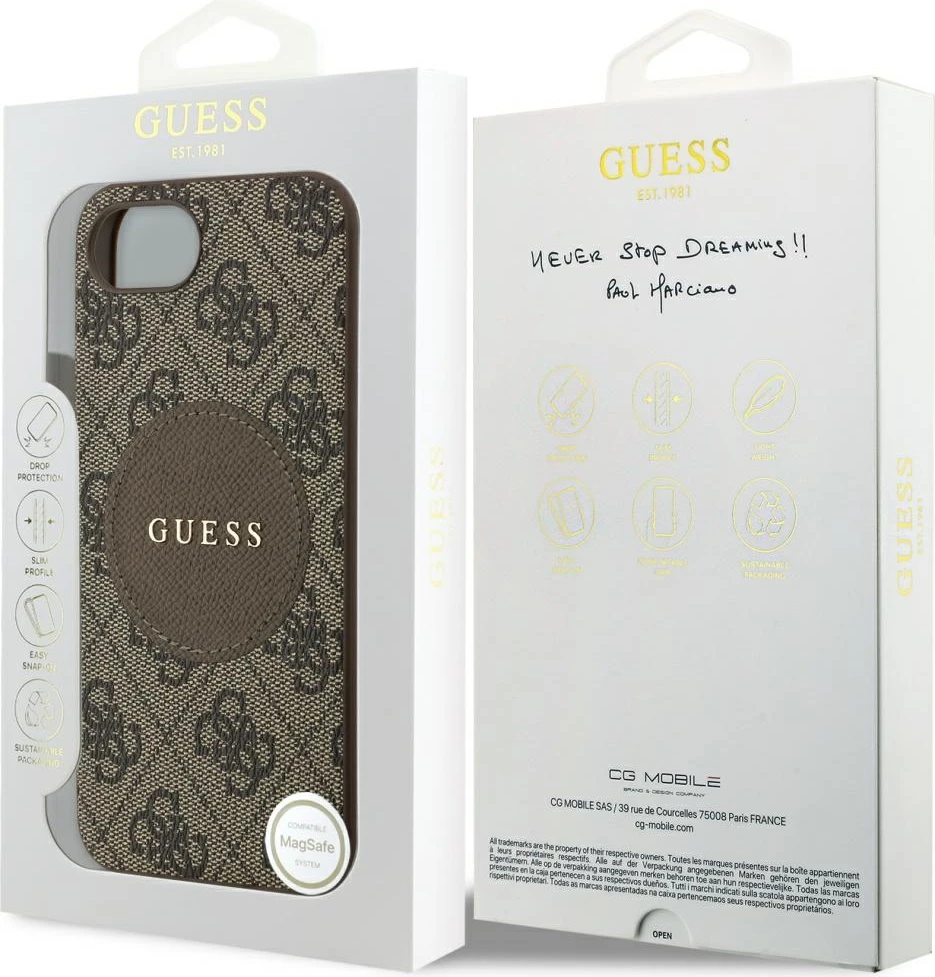 Mbështjellës Guess 4G Circle Classic Logo MagSafe për iPhone 16e, Kafe