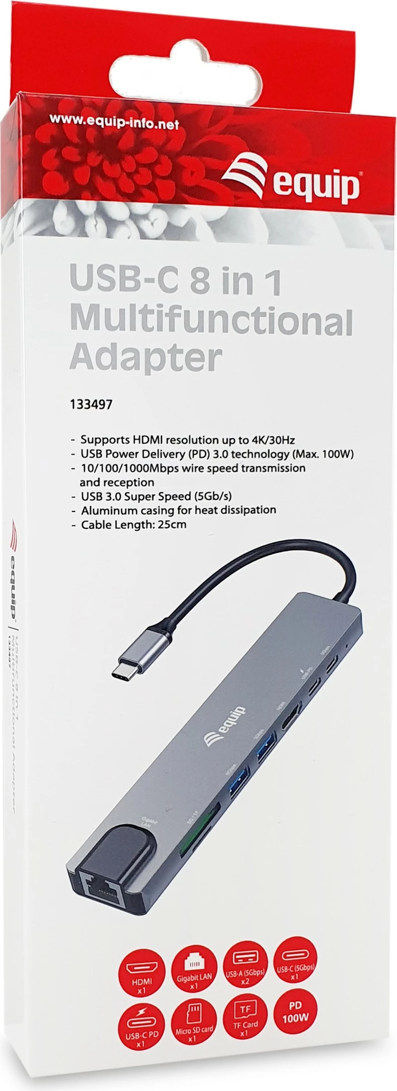 Adapter USB-C Equip, HDMI, 3x USB 3.2 Gen1, SD/TF, PD 100W, e zezë/gri