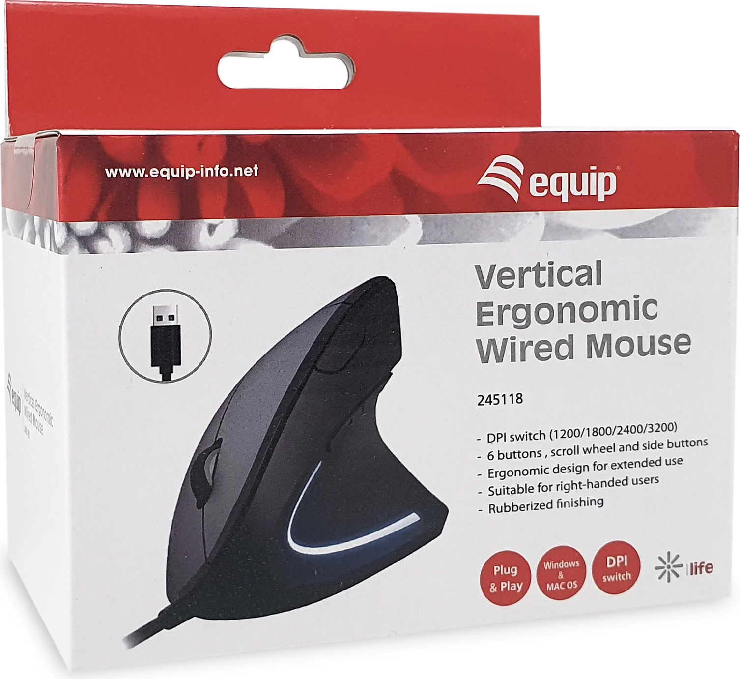 Maus vertikal me kabllo EQUIP 245118, USB-A, optik, 3200 DPI, djathtas, i zi me dritë blu