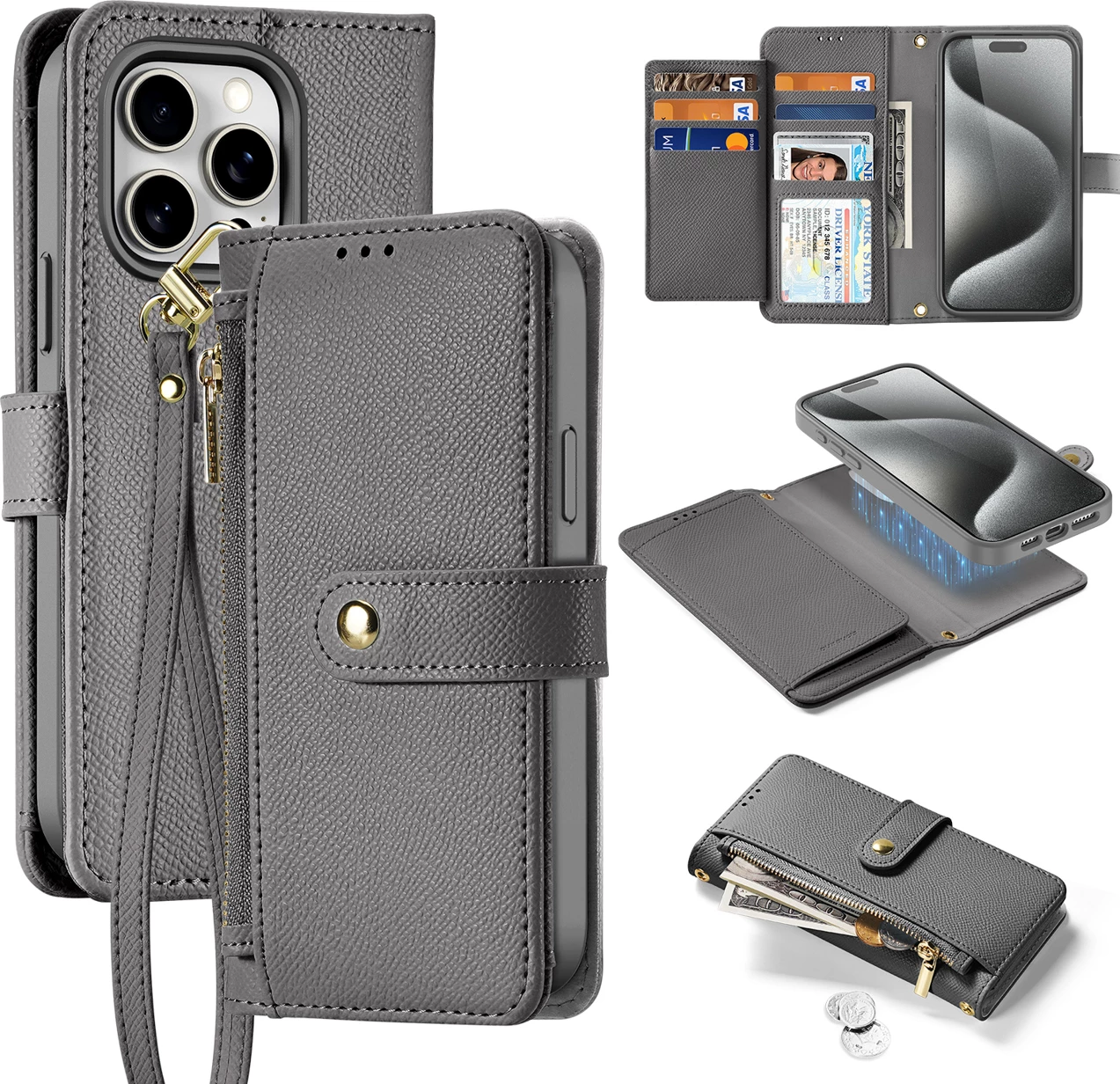 Mbështjellës Dux Ducis Lawa për iPhone 15 Pro, lëkurë, me portofol magnetik, Gri