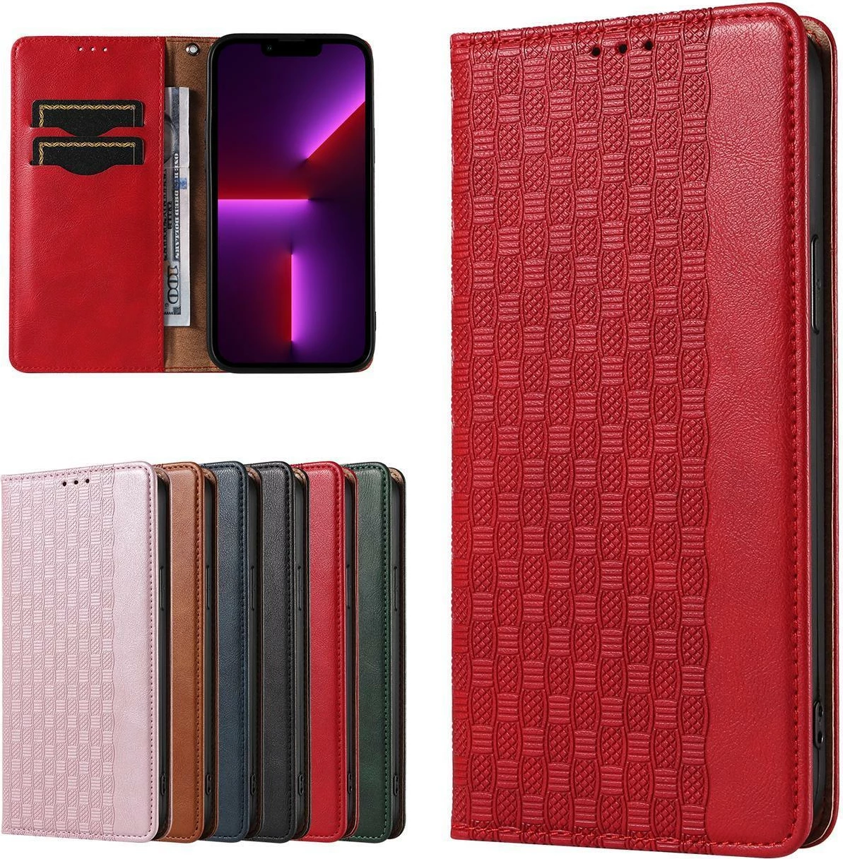 Mbështjellës Hurtel Magnet Strap Case për iPhone 14 Plus, me kapak, xhep kartelash, mbajtëse, rrip dore, Kuq