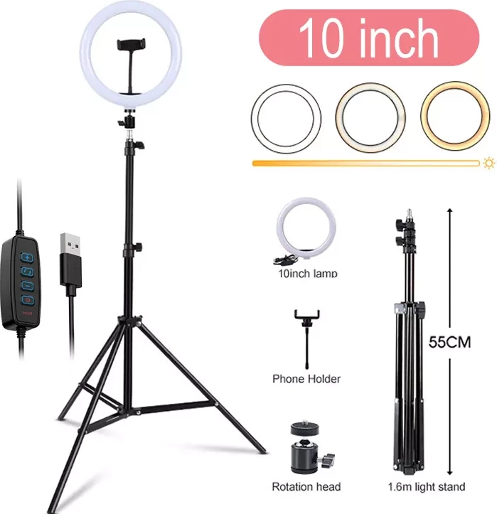 Dritë LED në formë unaze 25cm + 1,6M tripod, e zezë