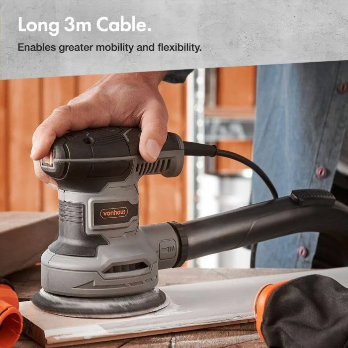 Lëmues ekscentrik VonHaus 3500323, 300 W, disk 125 mm, 6 shpejtësi 7,000–14,000 rpm, kabllo 3 m, me 12 letra zmerile + 2 thasë pluhuri, zi/portokalli/gri