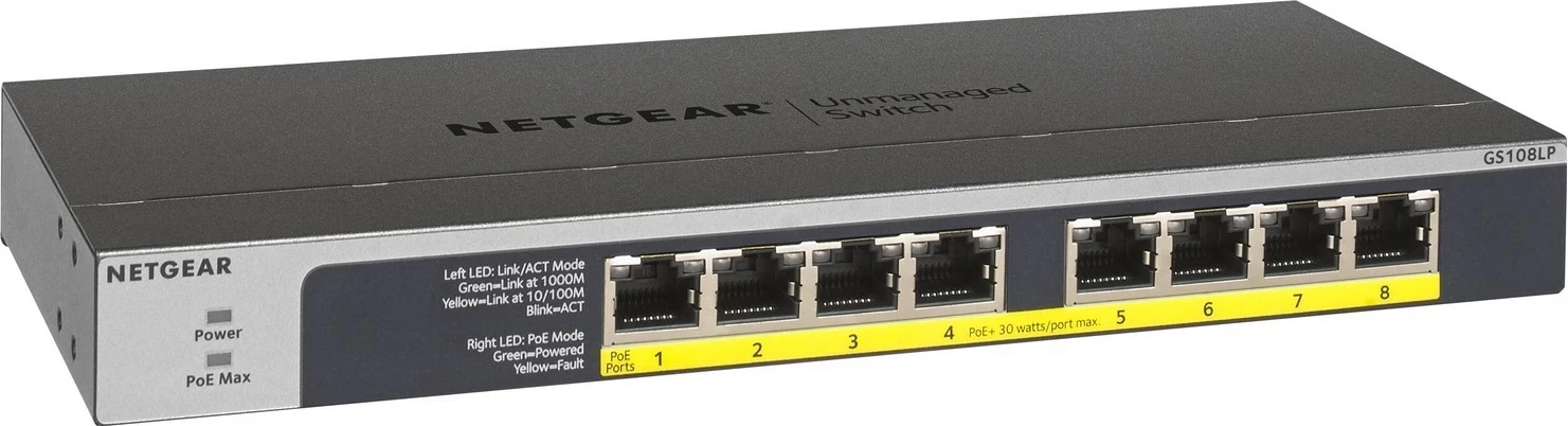 Switch Netgear GS108LP-100EUS, 8 porte LAN, PoE