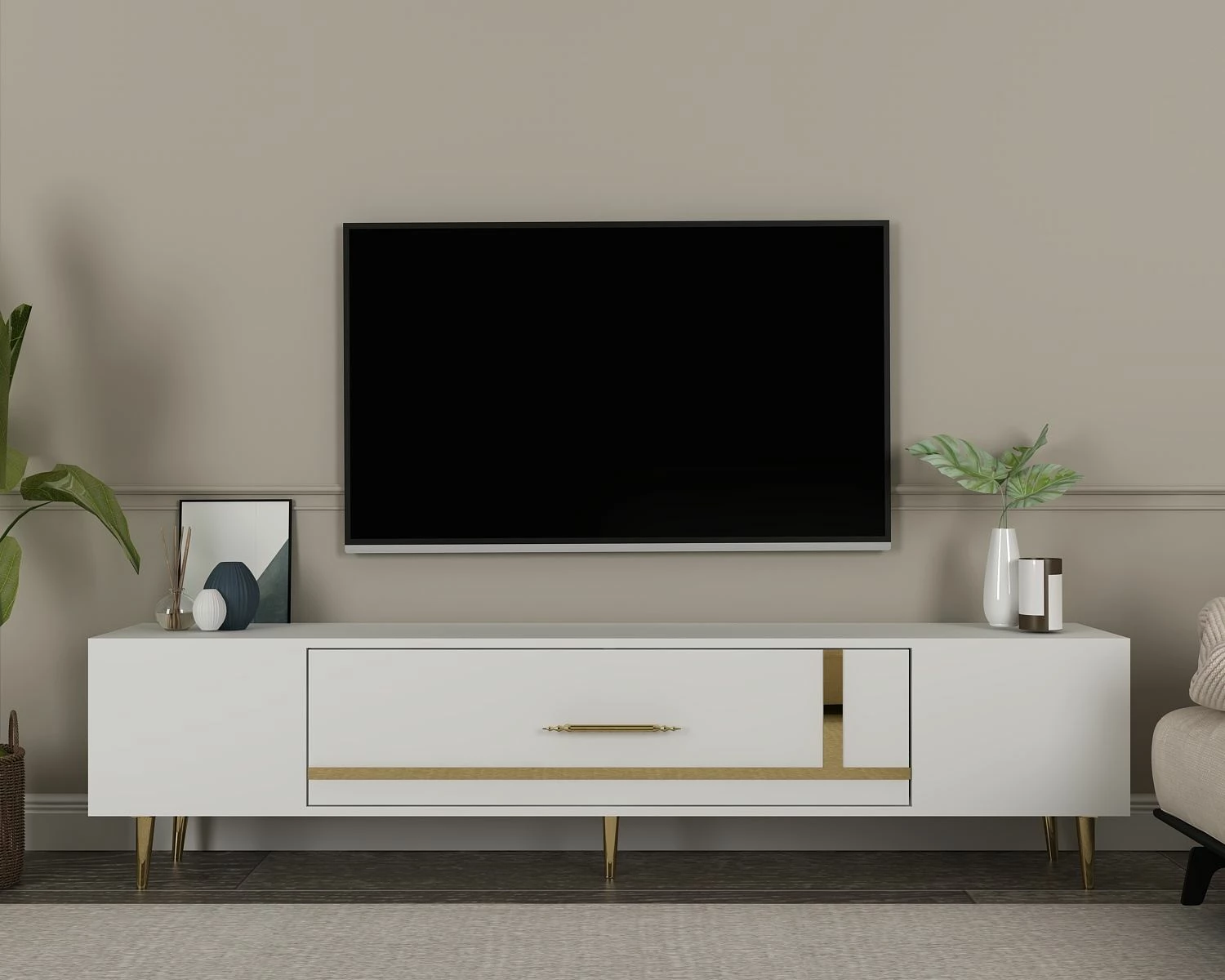 Komodë TV, ngjyrë e bardhë dhe ari, Skye Decor, Dekop1