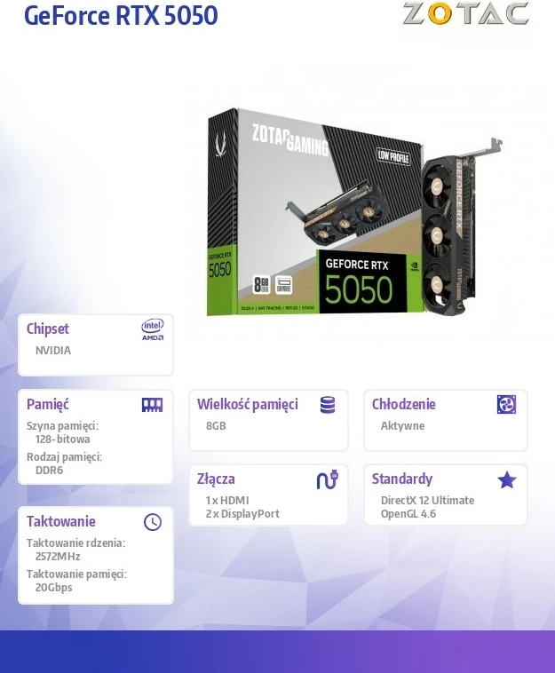 Kartelë grafike, ZOTAC, GeForce RTX 5050 LP (ZT-B50500L-10L), 8GB GDDR6 128-bit, PCIe 5.0 x8, 2x DisplayPort + HDMI, Low Profile