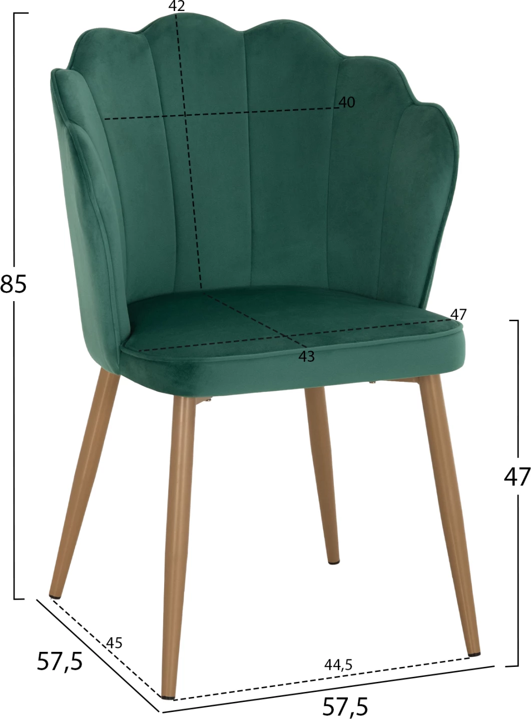 Karrige FH8737.03 kadife jeshile me kornizë metalike ari 48x48x85 cm., set prej 2 copë