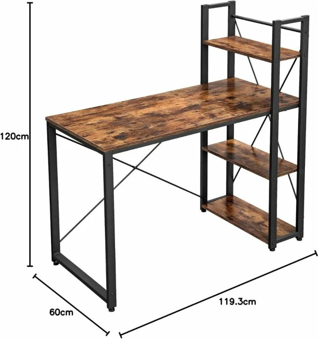 Tavolinë zyre VASAGLE LWD48XV1 120×60×75 cm, stil industrial, me rafte anësore, kafe rustike/zezë