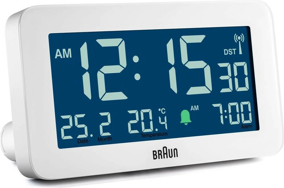 Alarm digjital Braun BC10, ekran LCD, termometër, orar 12/24h, bardhë