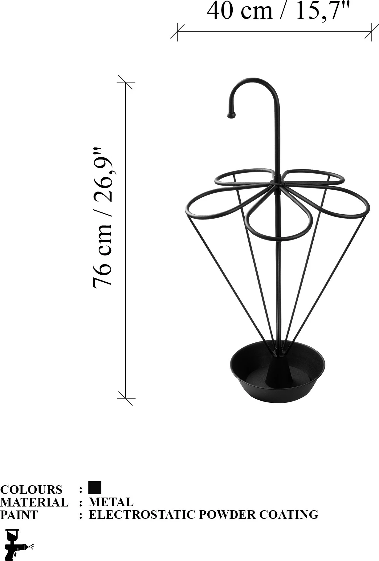 Stendë për ombrella, metal i zi, Evila Originals, 40x40x76cm