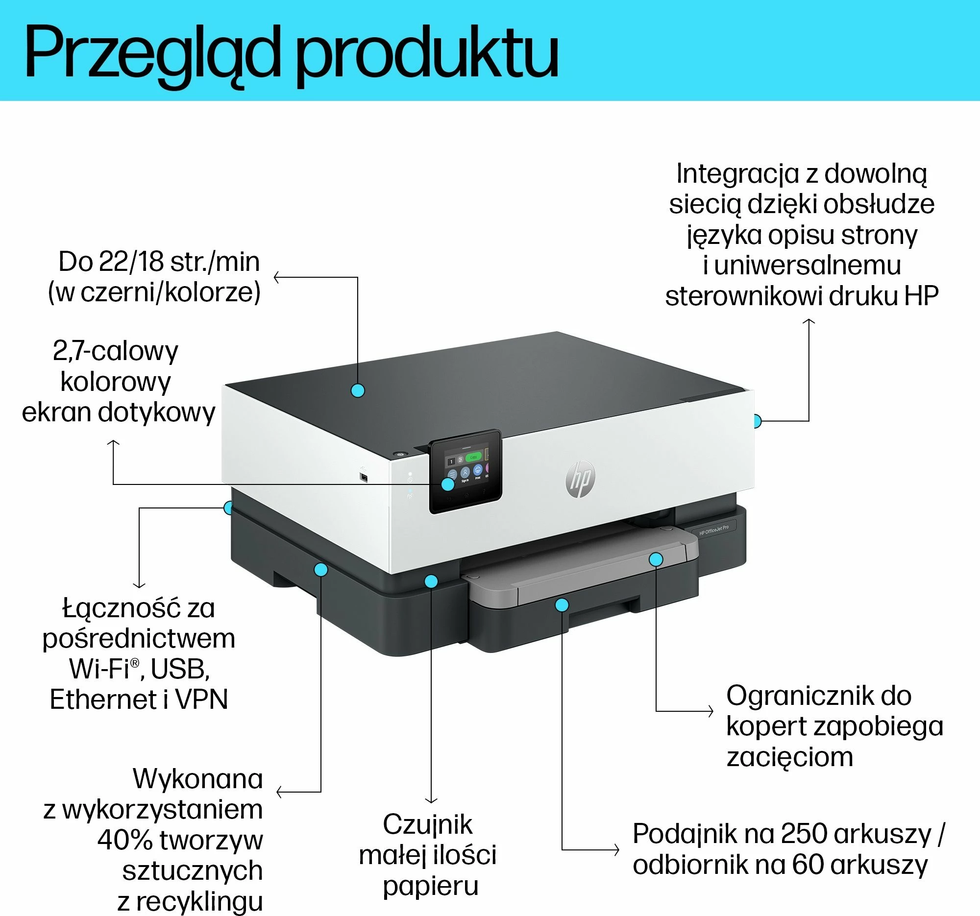 Printer inkjet HP OfficeJet Pro 9110b (5A0S3B) A4, Wi‑Fi, Duplex, 250 fletë, 4 kartrixhe, Ethernet/USB, ekran me prekje, Bardhë/Gri