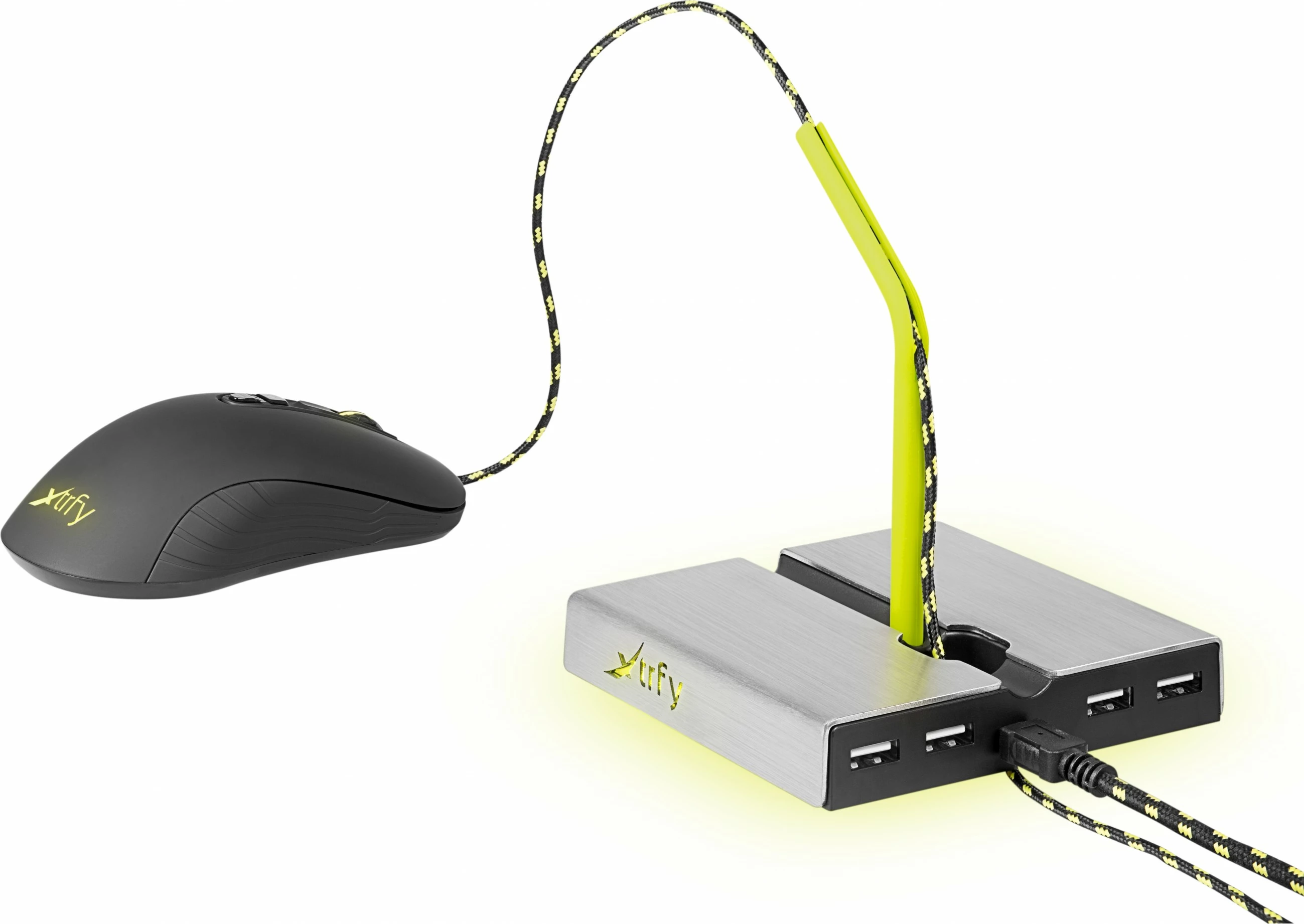 Mouse bungee Cherry Xtrfy B4 me LED, 4 porta USB, argjendtë/verdhe