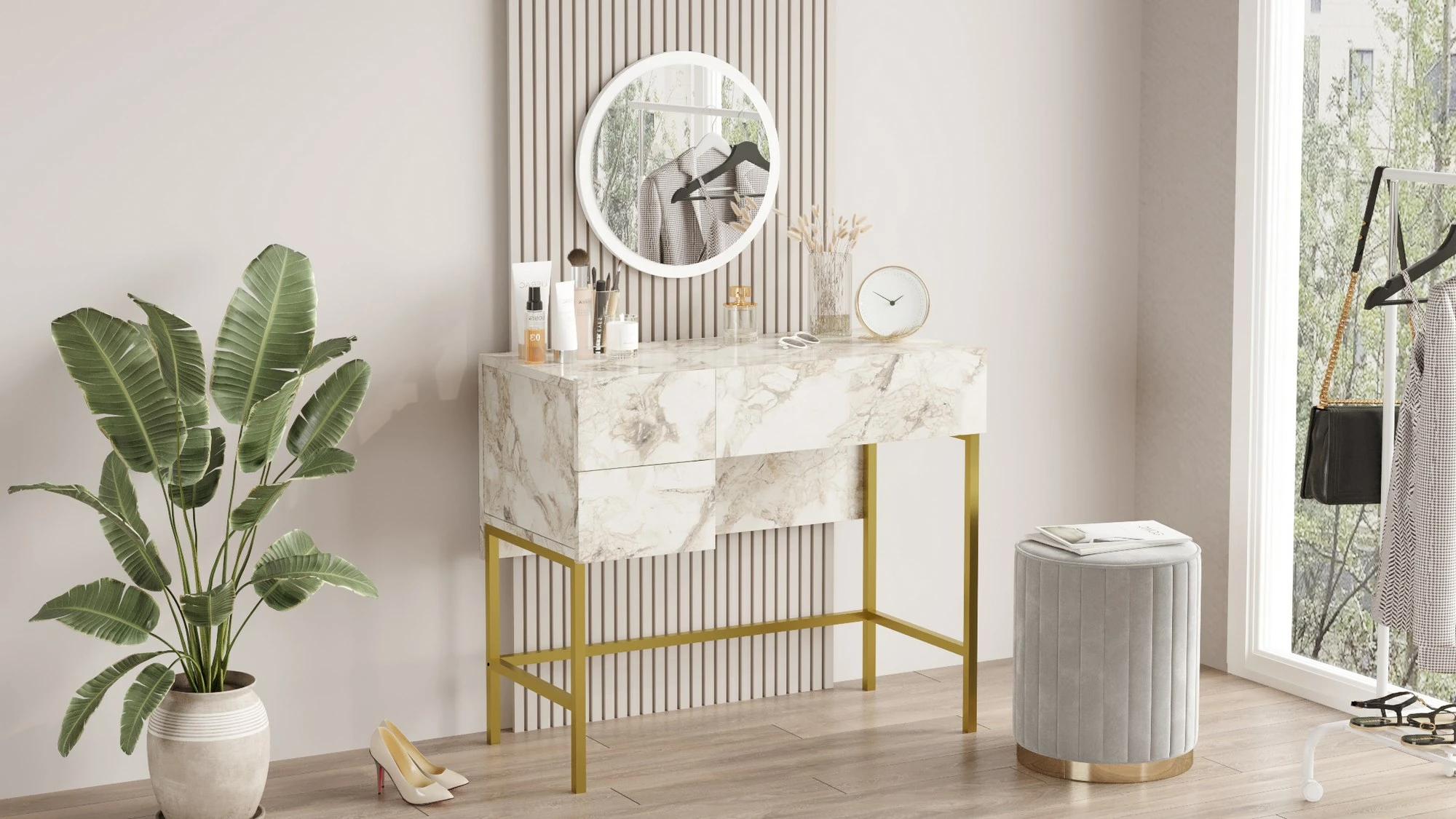 Tavolinë grimimi Skye Decor, e bardhë dhe ari, VG32-GE