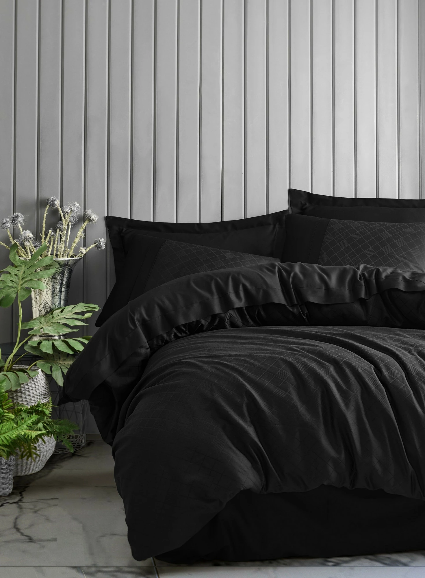 Set mbulesë për jorgan dopio, saten, Jacquard, ngjyrë e zezë, L'essentiel, Dama