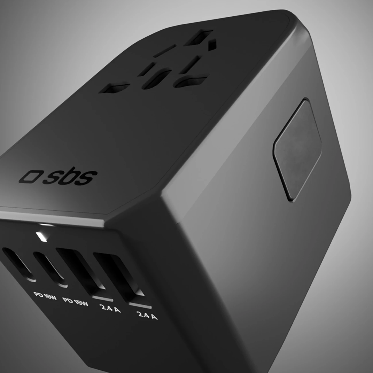 Adapter udhëtimi GaN 70W, SBS, 5 porta USB-A/USB-C, PD, prizë globale EU/UK/US/AU, me pouch, e zezë