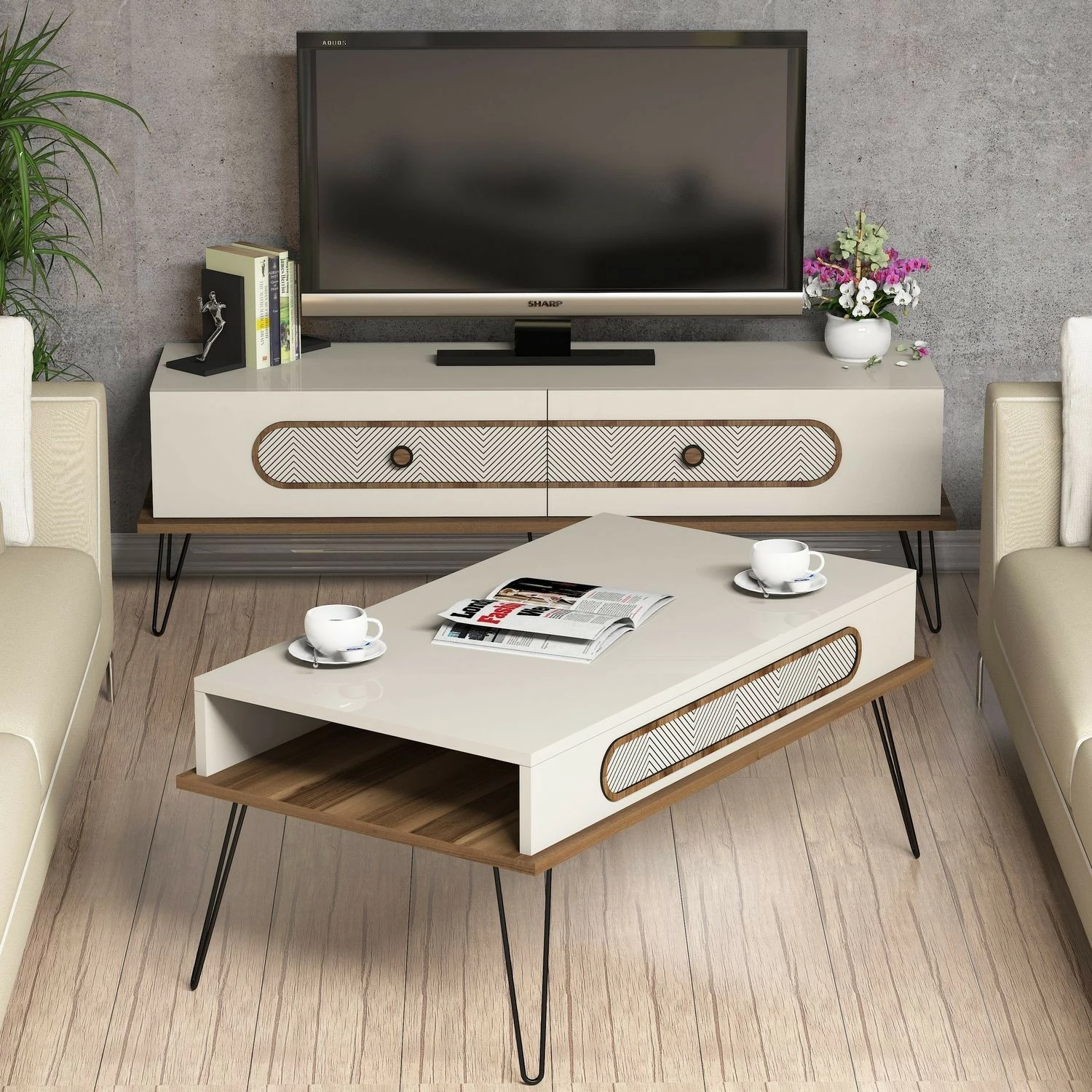 Set mobiljesh për dhomë dite Skye Decor, Ekol, krem