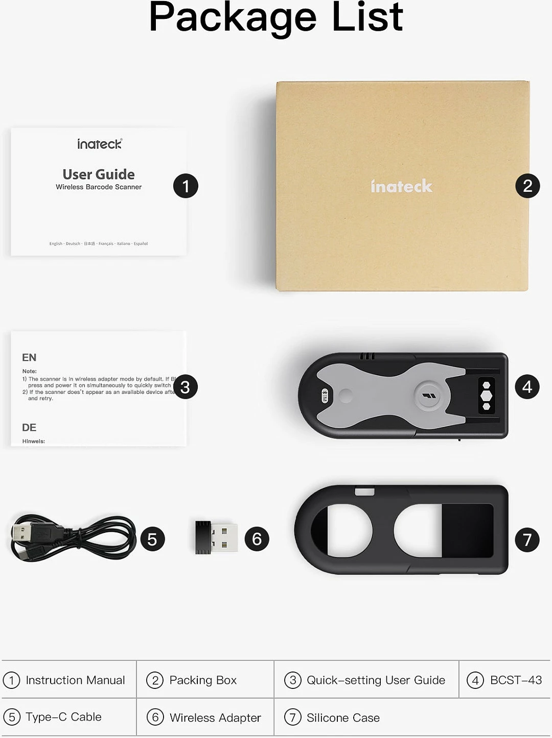 Skaner barkodi Inateck BCST-43, 1D, Bluetooth 5.0, USB/2.4G, 1200mAh, i zi/jeshil/gri