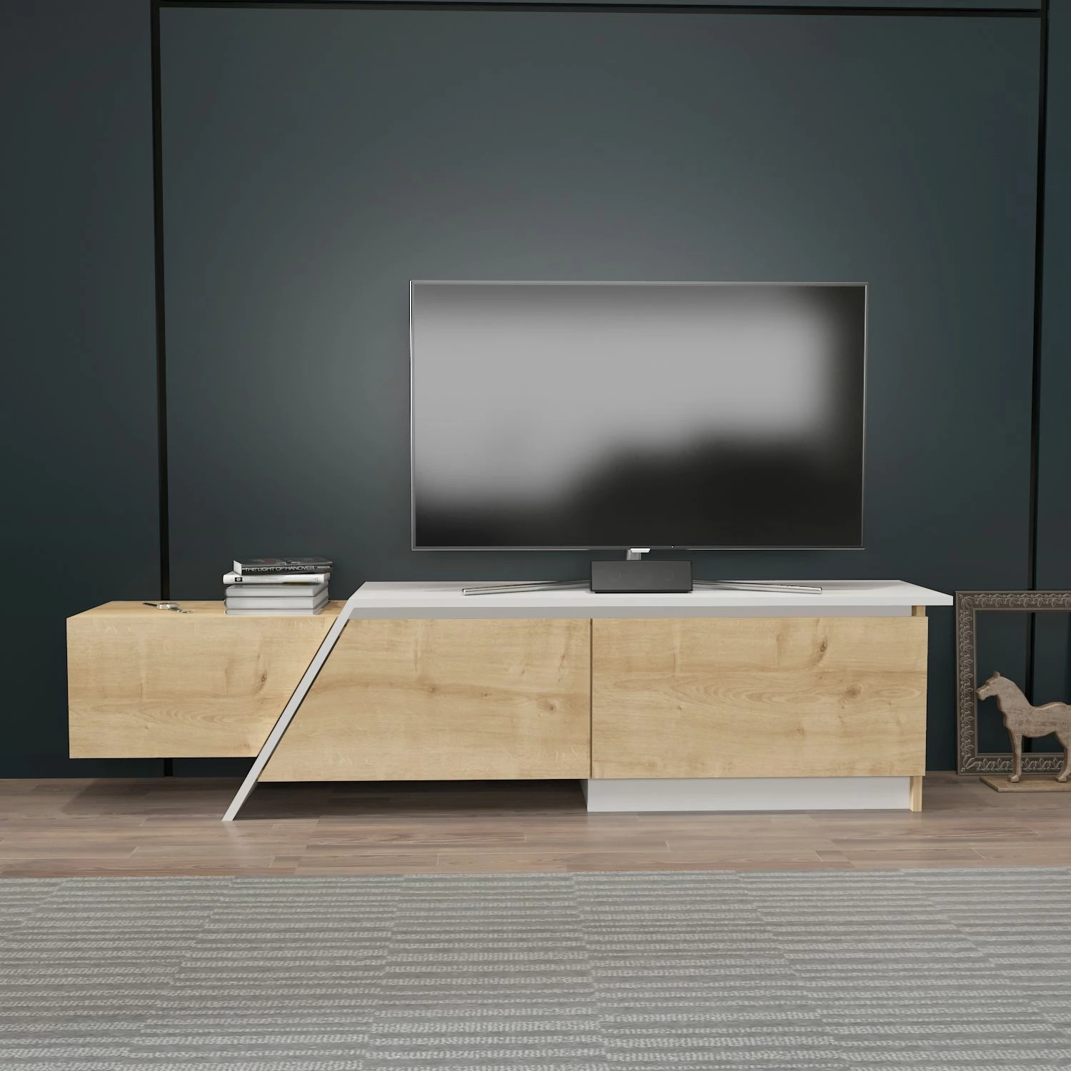 Komodë TV Skye Decor, ngjyrë lis safir, e bardhë, Zonas