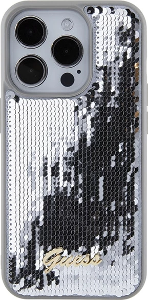 Mbështjellës Guess Sequin Script Metal për iPhone 15 Pro Max, argjend