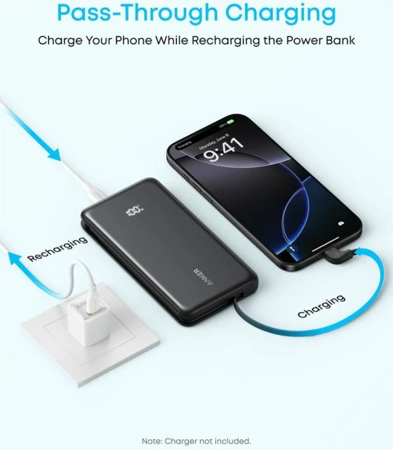 Powerbank Anker Zolo A110D 10000mAh 22.5W me kabllo USB-C të integruar, e zezë