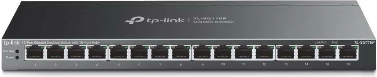Switch i pamenaxhuar, TP-Link TL-SG116P, 16x Gigabit RJ45 me PoE+, buxhet PoE 120W, metal, desktop/rack