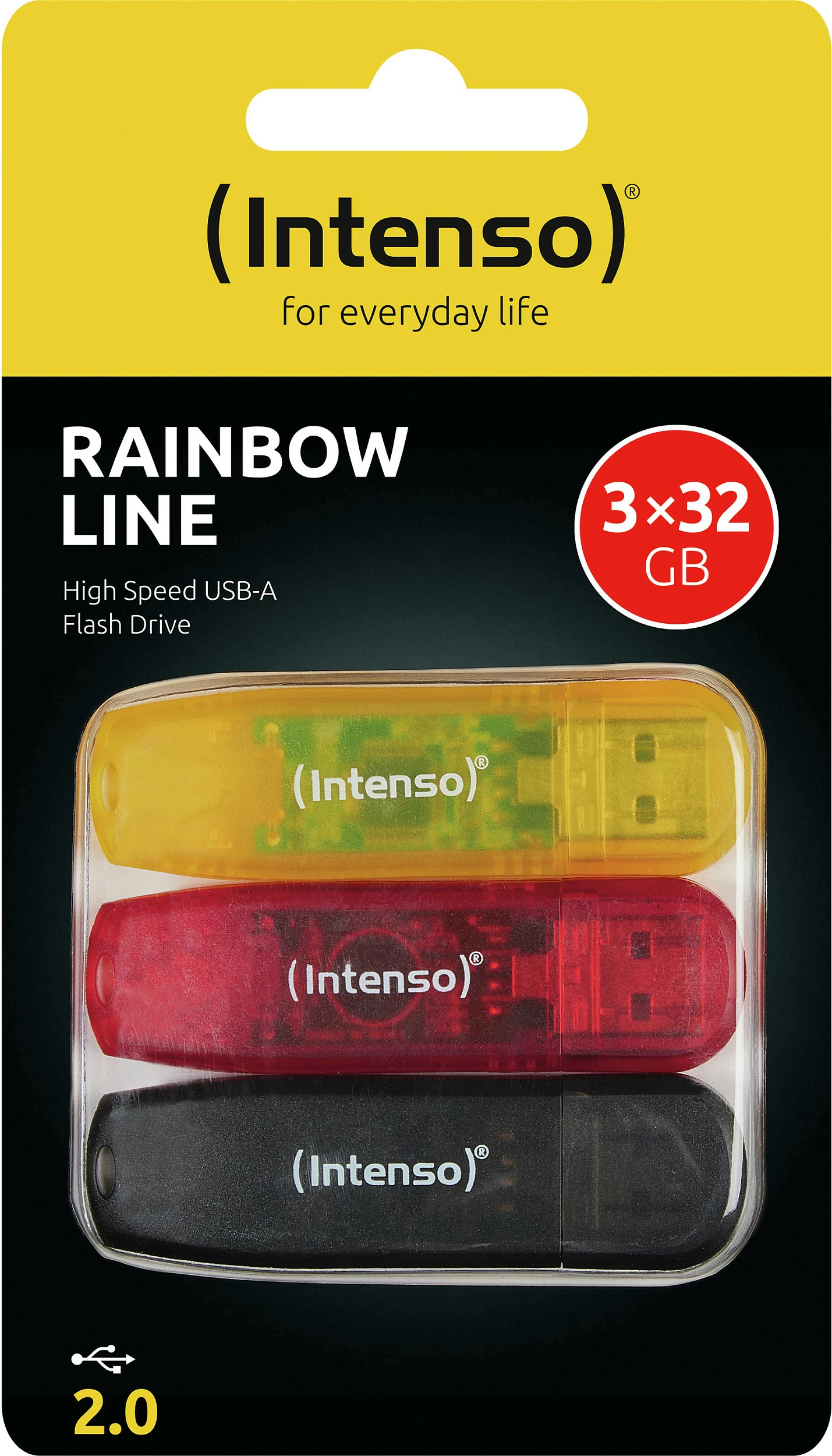 USB memorje Intenso Rainbow, 3x32GB, USB Type-A 2.0, me kapak, transparente (e verdhë/e kuqe/e zezë)