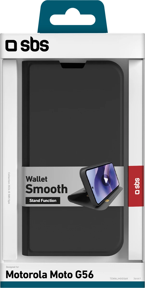 Mbështjellës wallet SBS Wallet Smooth për Motorola Moto G56, me kapak flip, me xhep karte, me stand, i zi, në kuti