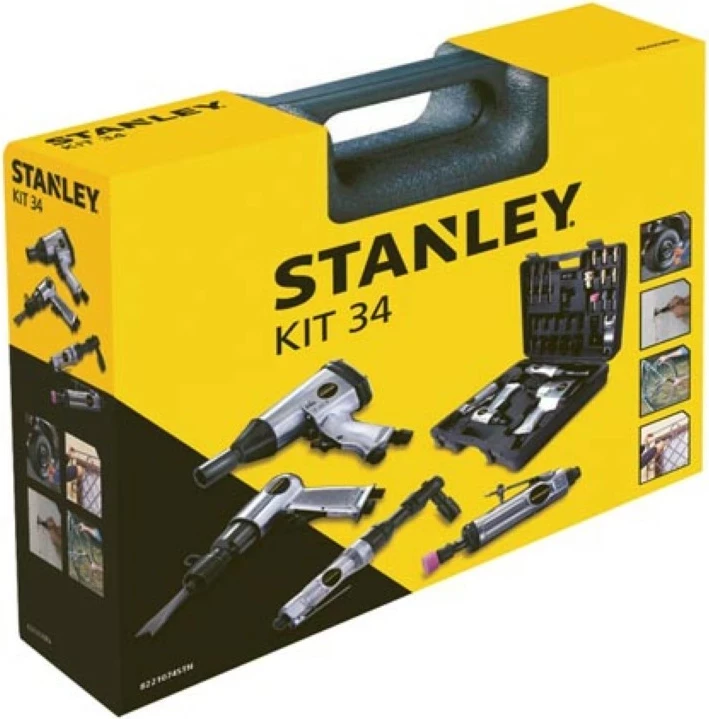 Set veglash pneumatike Stanley KIT 34, 34 copë, me çelës impakti 1/2, çekiç, mulli dhe ratchet, kuti PVC, e verdhë