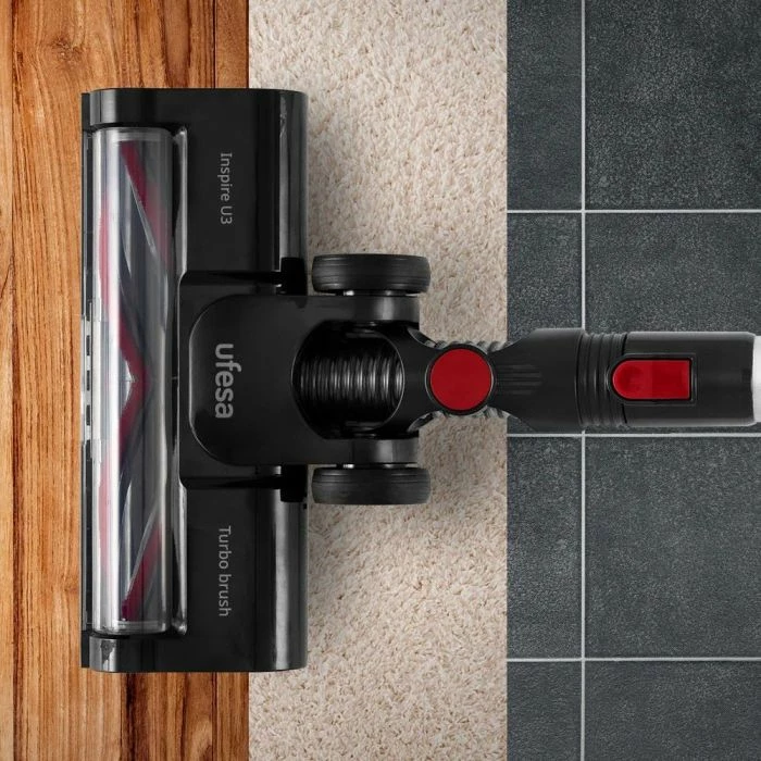 Fshesë me korent pa kabllo (upright) UFESA Inspire U3 Digital 22.2V 130W, bateri Li-ion 2200mAh, depo 0.8L, deri 40 min, bardh/zi/kuqe