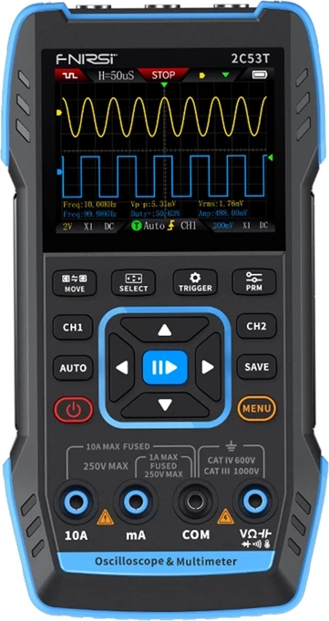 Osiloskop portabël 3-në-1 me multimetër dhe gjenerator sinjali, FNIRSI 2C53T, 2×50 MHz/250 MSa/s, ekran 2.8", gjenerator 1–50 kHz, bateri 3000 mAh, set me sonda