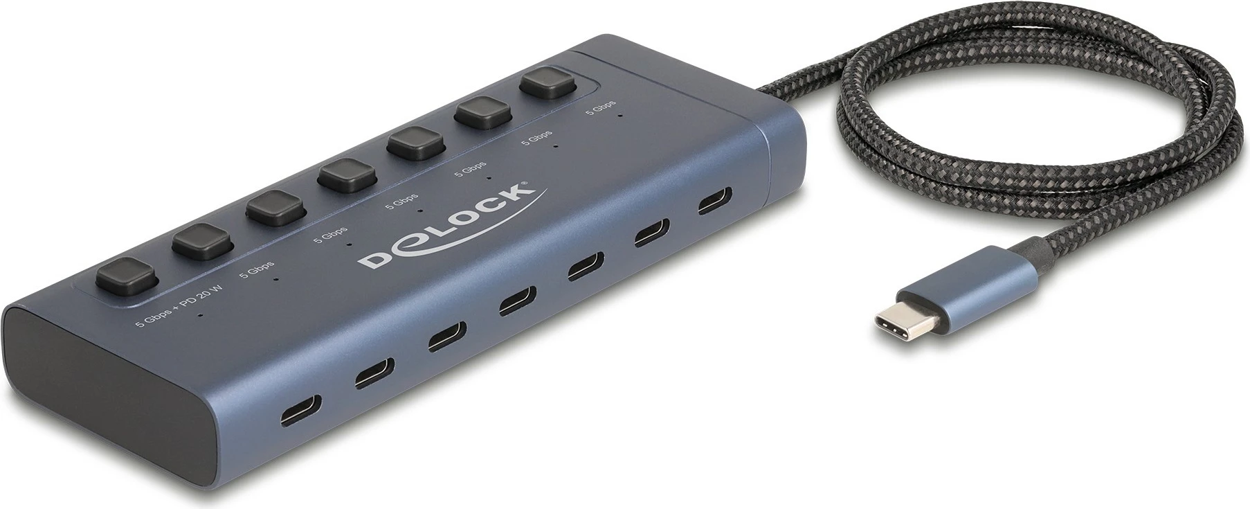 USB hub DeLOCK 7 porta Type-C, 5 Gbps, me çelësa, PD 20W, kaltër