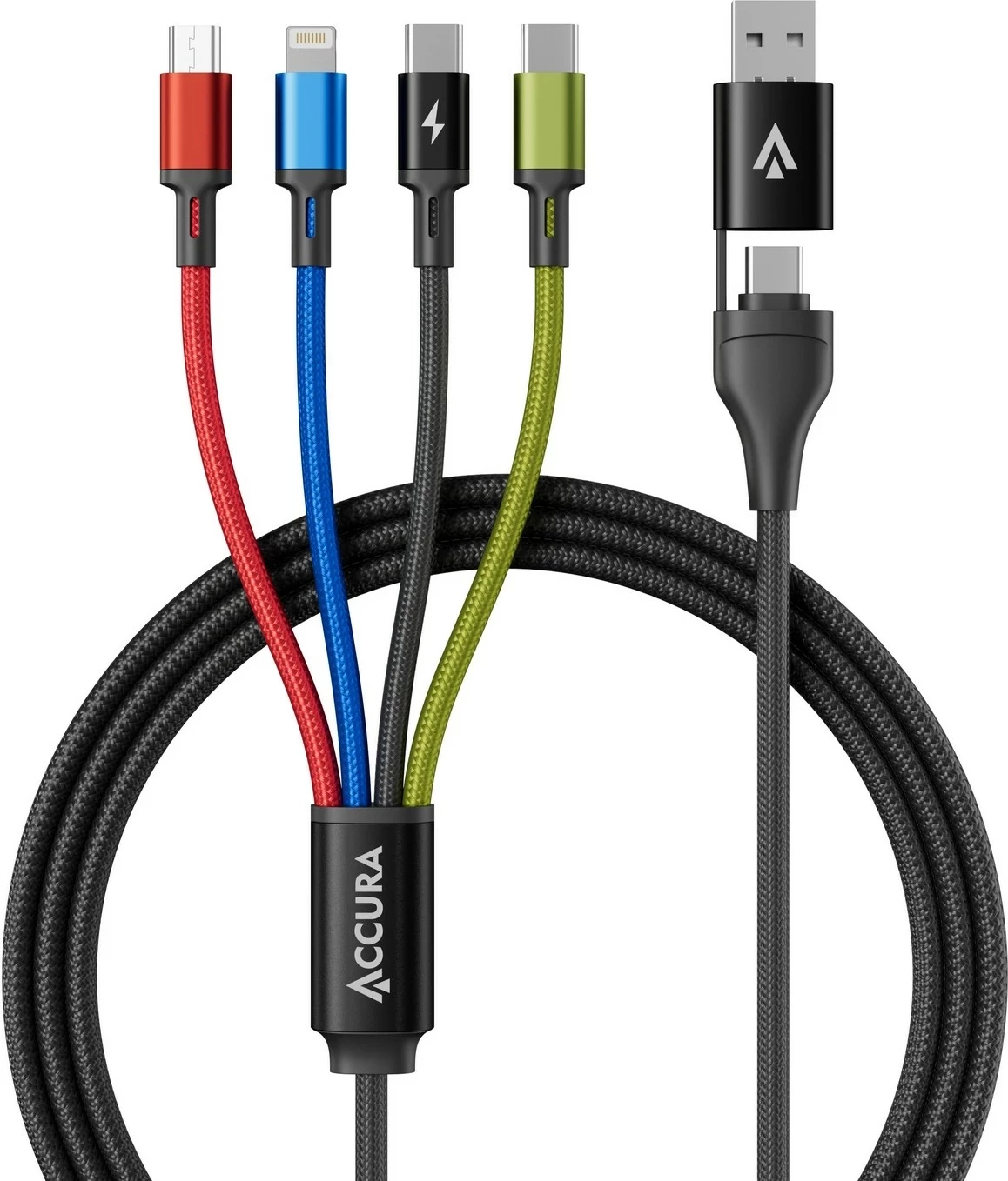 Kabëll multi-funksional Accura 8n1, USB-A/USB-C në 2xUSB-C, Lightning, microUSB, 3.0A, 1.2m, zi