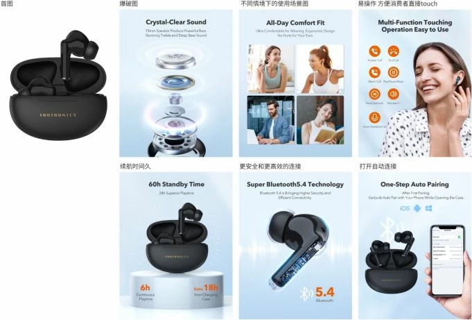 kufje wireless TaoTronics TT-BH1122, Bluetooth 5.3, driver 13mm, ENC, me kuti karikimi, të zeza