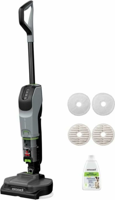 Pastruese dyshemeje me vakum dhe mop pa kabllo, Bissell SpinWave Vac Pet Pro 3898N, 3 moda, autonomi deri 70 min, për shtëpi me kafshë, e zezë/gri, set me jastëkë shtesë dhe solucion 236 ml