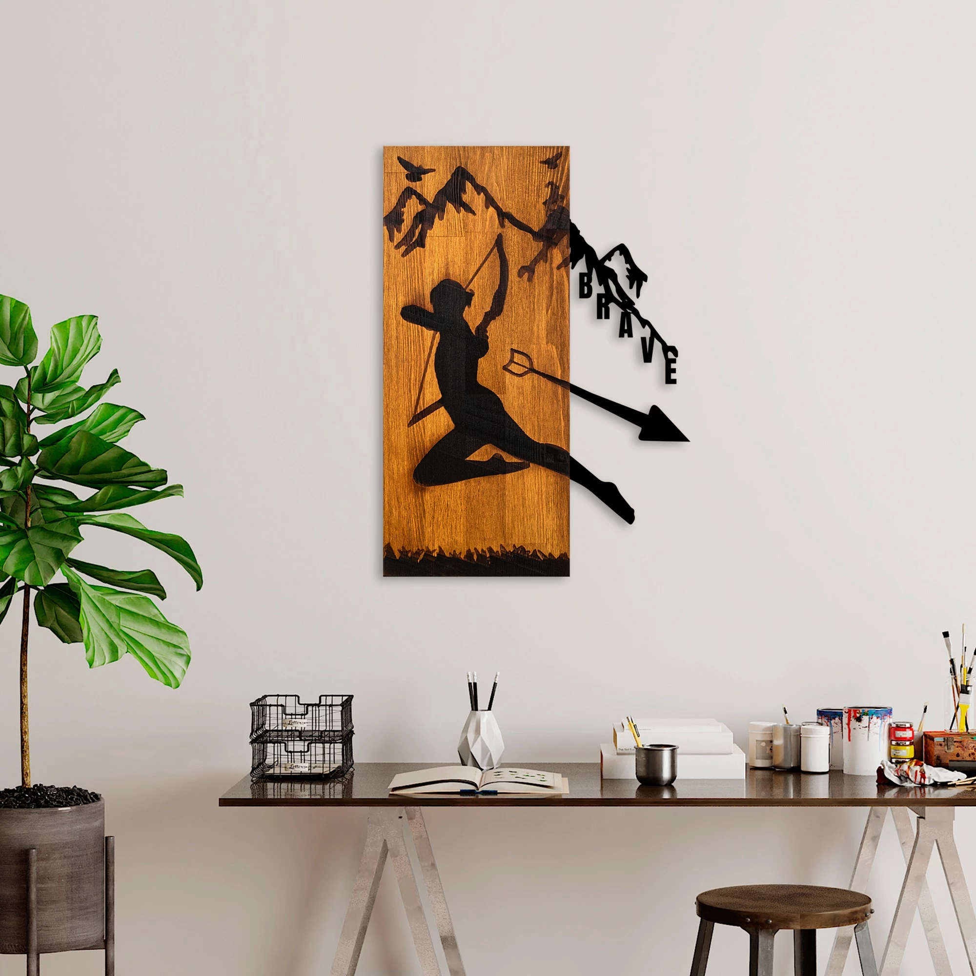 Aksesor dekorativ muri prej druri, Wallity Brave, ngjyrë arre/zezë, 41.5x58x3cm