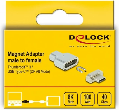 Adapter magnetik DeLOCK Thunderbolt 3/USB-C (DP Alt Mode), mashkull-në-femër, 8K 30Hz, argjendtë