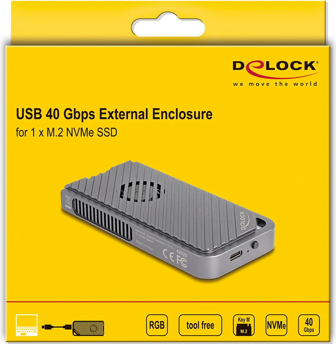 Kasë për SSD M.2 NVMe DeLOCK, USB4/Thunderbolt 40Gbps, me LED & ventilator, gri