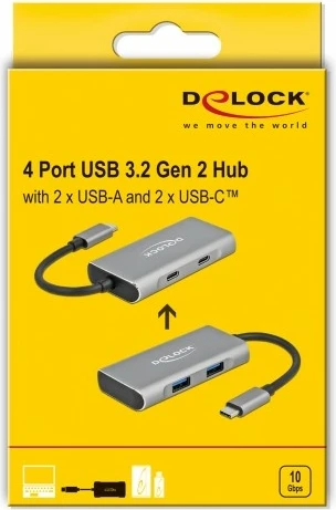 USB hub DeLOCK 4 porta, USB 3.2 Gen 2, 10 Gbps, alumini, gri