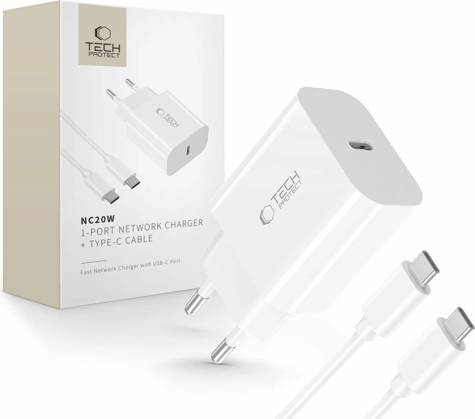 Karikues muri Tech-Protect NC20W me USB-C, 20W, me kabllo USB-C, Bardhë