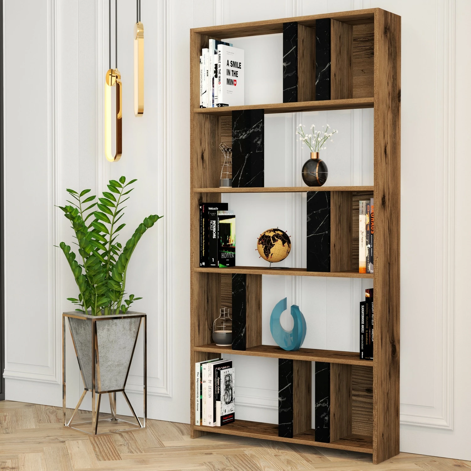 Raft librash Hanah Home, Lima, ngjyrë arre, mermer i zi